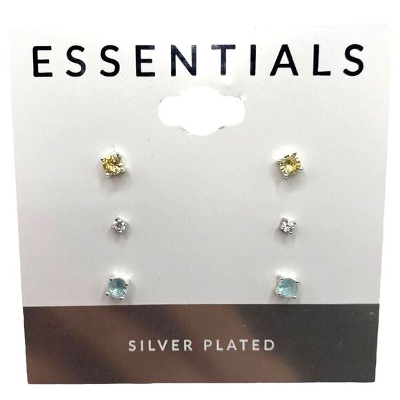 Essentials Set Colored Crystals Stud Earrings in Silver Plated Multicolor Clear - Picture 2 of 6